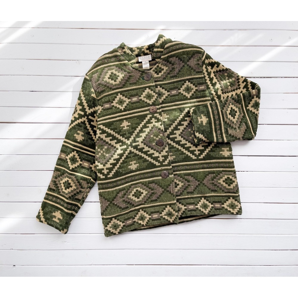 vtg Cedar Canyon green beige southwestern woven tapestry jacket coat